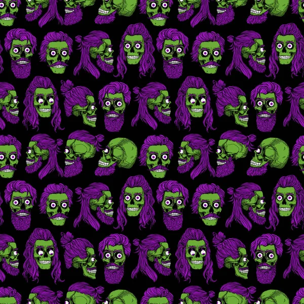Sakallı Yeşil Zombi Kafatasları Kusursuz Desenler Mor Saç Kesimi Sakalı — Stok Vektör