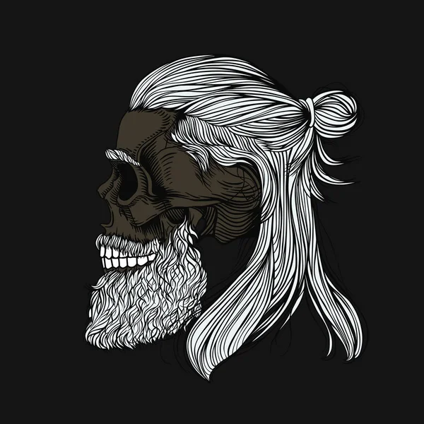 Crâne Barbu Aux Cheveux Gris Cheveux Longs Enveloppés Dans Chignon — Image vectorielle