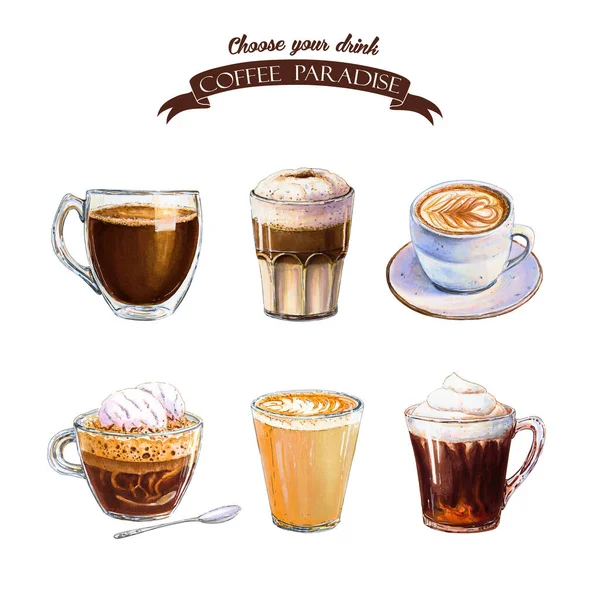 咖啡厨房打印 咖啡海报 美式咖啡 西班牙咖啡 格莱斯咖啡和卡布奇诺咖啡 喝艺术印刷品 — 图库照片