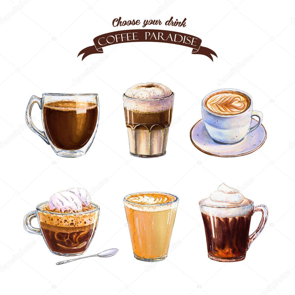 Coffee kitchen print. Coffee Poster. Americano, irish coffe, glace and cappuccino.  Drink art print. 