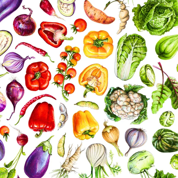 Summer Vegetable Background. Food art. Bell pepper, cabbage, onions and other vegetables.