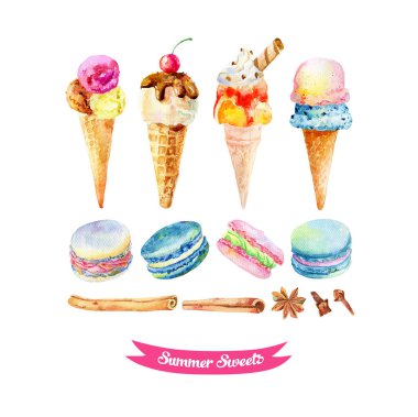 Suluboya dondurma. Yaz dijital klibi. Tatlı duvar sanatı. Makarna baskısı. Waffle koni dekoru. Elle boyanmış tatlı 