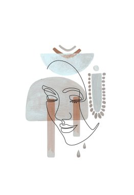 Yüz Hattı Sanatı, Soyut Boho Şekilleri. Kadın Çizgisi Çizimi. Modern kadın posteri. Nötr gri pastel renkler. 