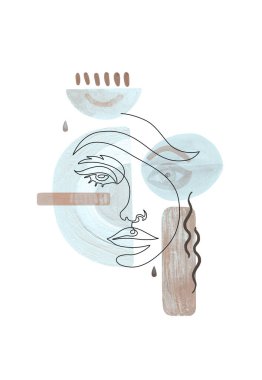 Yüz Hattı Sanatı, Soyut Boho Şekilleri. Kadın Çizgisi Çizimi. Modern kadın posteri. Nötr gri pastel renkler. 