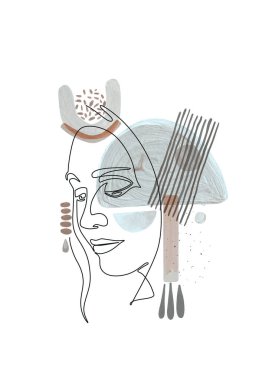 Yüz Hattı Sanatı, Soyut Boho Şekilleri. Kadın Çizgisi Çizimi. Modern kadın posteri. Nötr gri pastel renkler. 