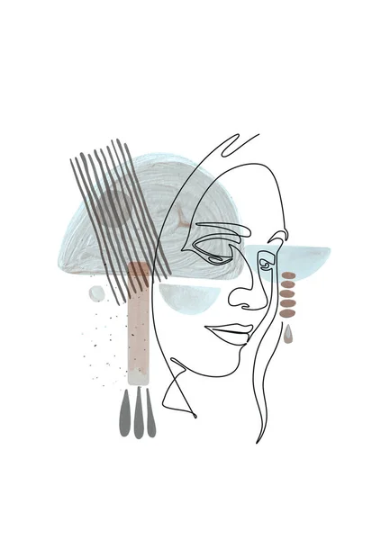 Face Line Art, Abstract Boho Shapes. Woman Line Drawing. Modern female poster.  Neutral gray pastel colors.