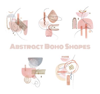 Soyut Boho Şekilleri Yazdırma Ayarları. Modern minimalist sanat. Boho grafik tasarımı. Tarafsız pastel renkler. Orta çağ modern tasarımı 