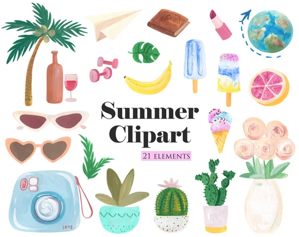 Summer Stickers Set Gouache Art Фотокамера Пальма Вино Солнцезащитные Очки — стоковое фото