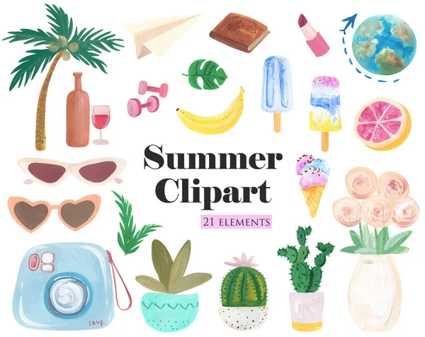 Summer Stickers Set, Gouache Art. Photo camera, palm tree, wine, sunglasses  and cactus pot, ice crram drawing. Vacation clipart for travel planner.
