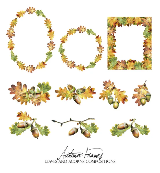 秋天橡树山 彩色铅笔架边框花环黄 橡果花 植物性成分 — 图库照片