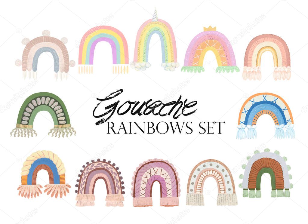 Boho Rainbows kit. Cute macrame gouache illustration. Purple, olive, terracotta. Cheerful bohemian artwork. 