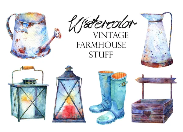 Autumn Watercolor Farmhouse Stuff Clipart Кувшин Ржавая Лейка Деревянный Ящик — стоковое фото