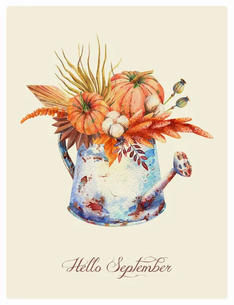 Watercolor Fall Floral Orange Pumpkins Bouquet Vintage Rusty Watering Can — Stock Photo, Image