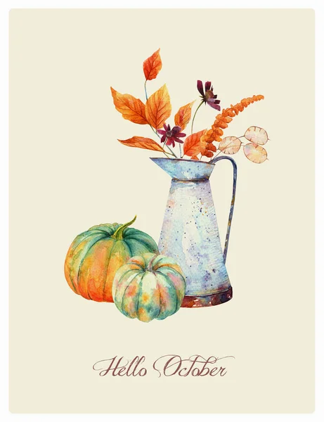 Watercolor Fall Floral Bouquet Vintage Rusty Pitcher Orange Pumpkins Thanksgiving — Stock Photo, Image