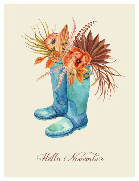 Watercolor Orange Fall Floral Bouquet In Blue Rubber Boots. Thanksgiving decor, autumn poppy flower, dried brown Wholesale palm, golden foliage twig