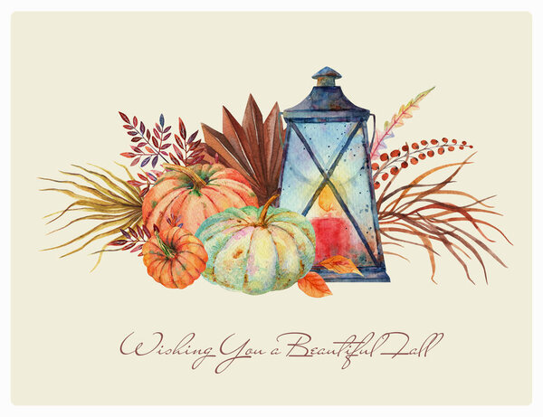 Акварель осень цветочный апельсин голубой тыквы букет винтажный ржавый фонарь. Декор на День благодарения, осенняя терракота, оливковый горчичный цвет. Коричневый папоротник, сушеная оптовая пальма