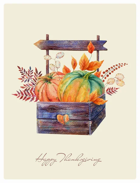 Watercolor Rustic Fall Floral Orange Pumpkins Bouquet Wooden Pallet Thanksgiving — Stock Photo, Image