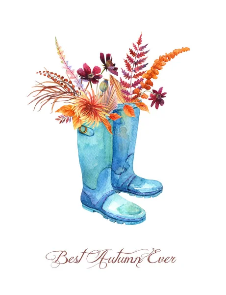 Watercolor Orange Fall Floral Bouquet In Blue Rubber Boots. Thanksgiving decor, autumn Chrysanthemum flower, burgundy fern, golden foliage twig