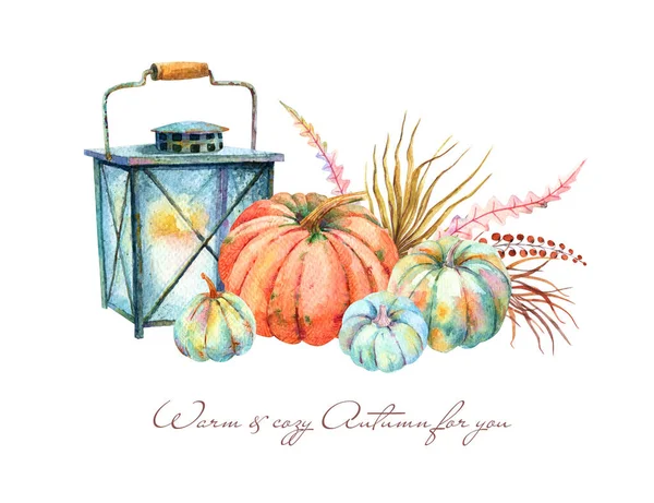 Watercolor Fall Floral Orange Blue Pumpkins Bouquet Vintage Rusty Lantern — Stock Photo, Image