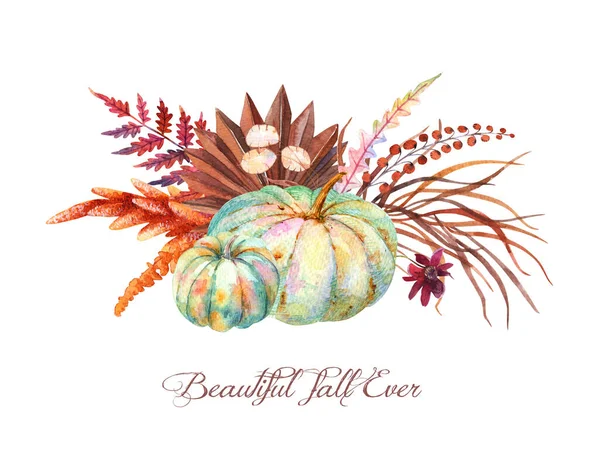 水彩画Boho Fall Floral Blue Pumpkins Bouquet 感恩节装饰 秋天的兵马俑 橙色芥末色 棕色蕨类 — 图库照片