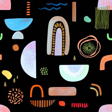 Soyut, pürüzsüz desen, modern, basit şekiller. Bohem stili gouache fırça darbesi sanatı. Parlak renkler, mavi, pembe bej, terracotta