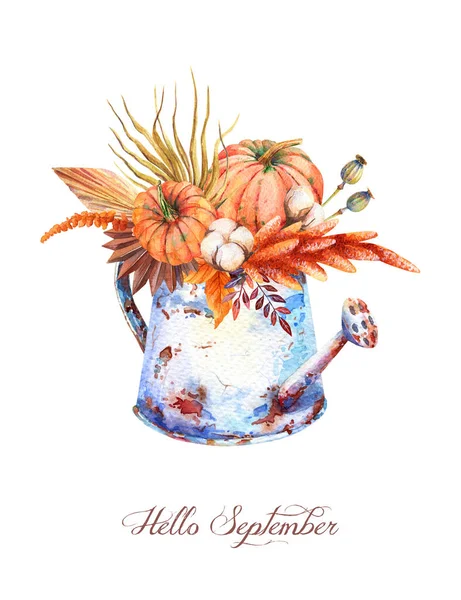 Watercolor Fall Floral Orange Pumpkins Bouquet Vintage Rusty Watering Can — Stock Photo, Image