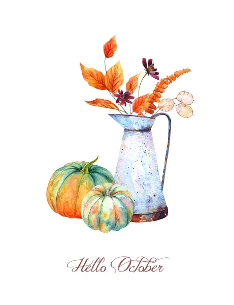 Watercolor Fall Floral Bouquet Vintage Rusty Pitcher Orange Pumpkins Thanksgiving — Stock Photo, Image