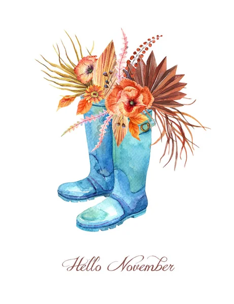 Watercolor Orange Fall Floral Bouquet Blue Rubber Boots Thanksgiving Decor — Stock Photo, Image