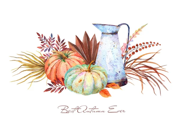 Watercolor Fall Floral Orange Blue Pumpkins Bouquet In Vintage Rusty Pitcher. Thanksgiving decor, autumn terracotta leaves, olive mustard dried Wholesale Palm, brown fern