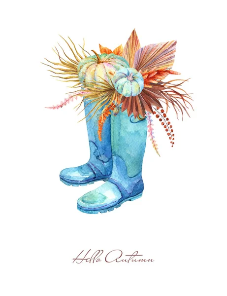 Aquarela Laranja Queda Floral Bouquet Botas Borracha Azul Decoração Ação — Fotografia de Stock