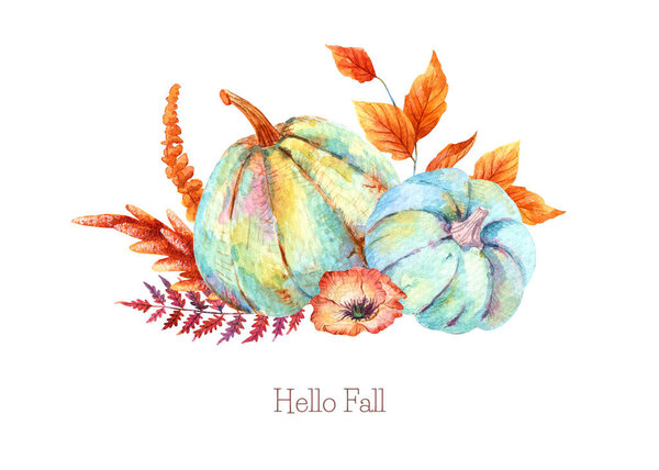 Watercolor Boho Fall Floral Blue Pumpkins Bouquet. Thanksgiving decor, autumn terracotta, orange mustard colour. Brown fern, golden foliage