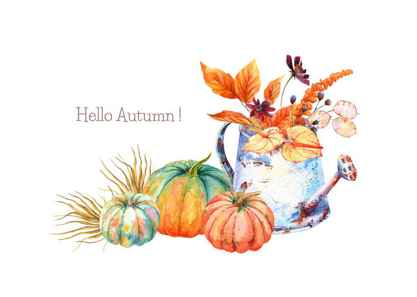 Акварель осень цветочный букет в винтажном ржавый лейка банка, оранжевый синий тыква. Декор на День благодарения, осенняя терракота, оливковая горчица. Лунария, бургундский цветок, антуриум, высохшая пальмовая ветвь