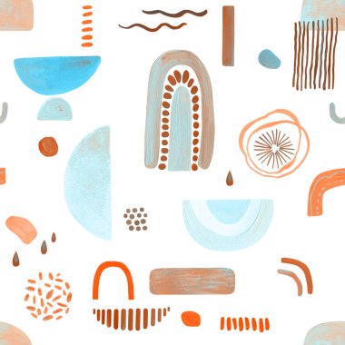 Soyut, pürüzsüz desen, modern, basit şekiller. Bohem stili gouache fırça darbesi sanatı. Parlak renkler, mavi, pembe bej, terracotta