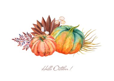 Suluboya Boho Fall Orange Pumpkins Buketi. Şükran Günü dekoru, sonbahar terakottası, zeytin hardalı rengi. Kahverengi kurutulmuş Toptan Palmiye
