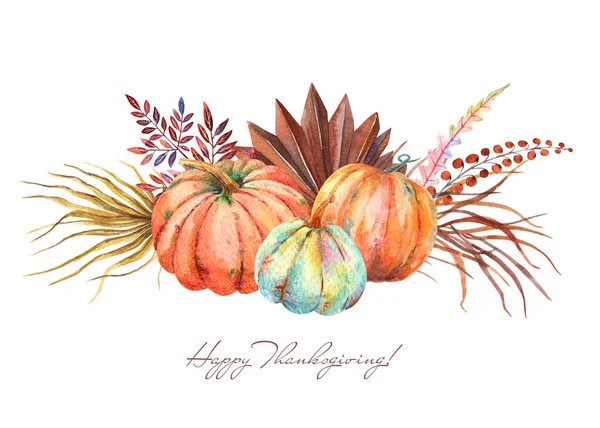 Aquarel Boho Herfst Bloemen Blauw Oranje Pompoenen Boeket Thanksgiving Decor — Stockfoto