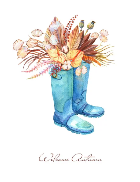 Watercolor Orange Fall Floral Bouquet Blue Rubber Boots 스트리트 추수감사절 — 스톡 사진