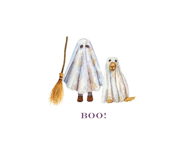 Läskig Valp Och Pojke Lakan Kostym Akvarell Halloween Illustration Roliga — Stockfoto