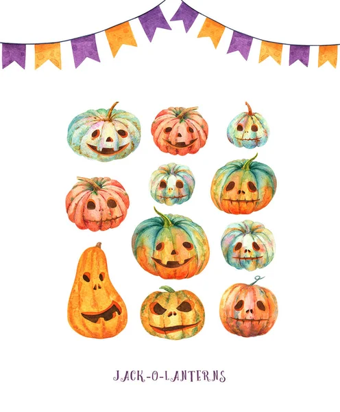Aquarela Halloween Jack Lanterna Set Abóboras Laranja Turquesa Com Sorrisos — Fotografia de Stock