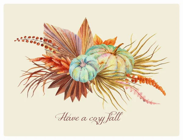 Boho Fall Floral Blue Pumpkins Bouquet 추수감사절 디오르 테라코타 올리브 — 스톡 사진