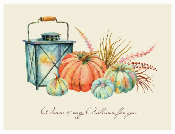 Watercolor Fall Floral Orange Blue Pumpkins Bouquet Vintage Rusty Lantern — Stock Photo, Image