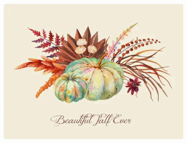 Akvarell Boho Fall Blå Blommiga Pumpor Bukett Thanksgiving Inredning Höst — Stockfoto