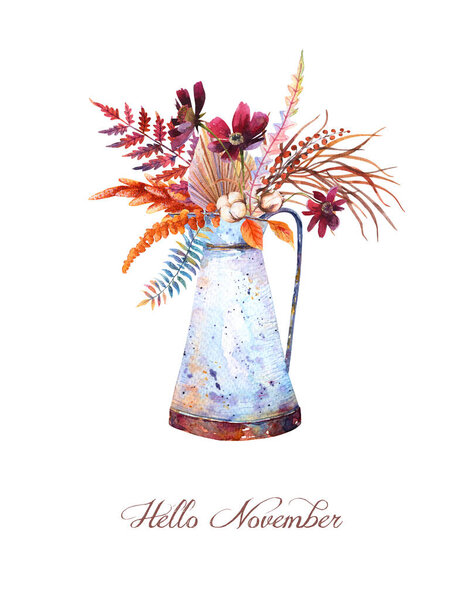 Акварель осень цветочный оранжевый букет в винтажном ржавый кувшин. День благодарения декор, осенние терракотовые травы, оливковые листья горчицы, сушеный хлопок, Оптовая пальма, коричневый папоротник, бургундский цветок