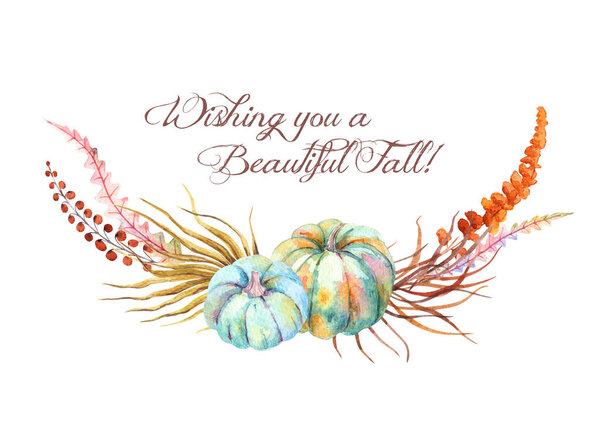 Акварель Чешская осень Цветочные голубые тыквы Свадебный букет. Декор на День благодарения, осенний терракотовый цвет. Оптовая пальма, сушеные золотые цветы