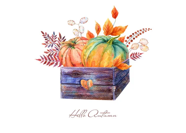 Watercolor Rustic Fall Floral Orange Pumpkins Bouquet Wooden Pallet Thanksgiving — Stock Photo, Image