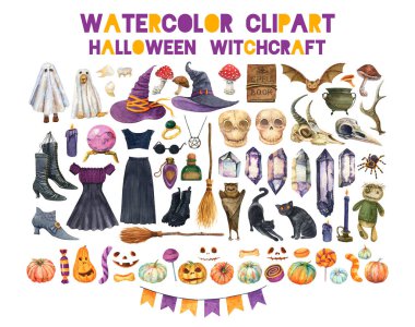 Suluboya büyücülük seti. Siyah çizme şapkası, cadı şapkası, hayalet çarşafı, süpürge ve iksir şişesi. Jack-O-Lantern, kristal, bayrak, Cadılar Bayramı tatlıları.