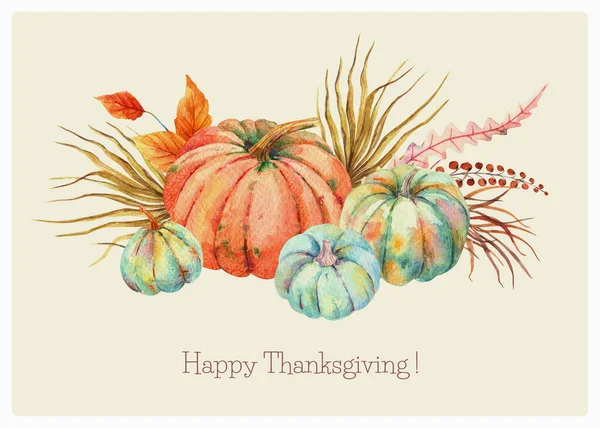 Watercolor Boho Fall Floral Blue Orange Pumpkins Bouquet Thanksgiving Decor — Stock Photo, Image