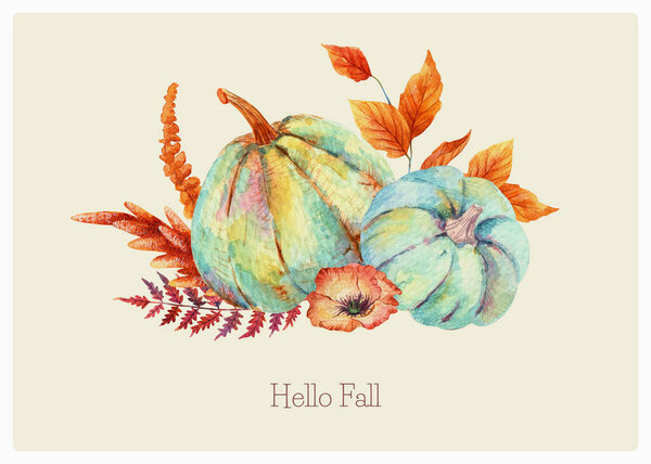 Акварель Boho осень цветочный букет голубые тыквы. Декор на День благодарения, осенняя терраса, оранжевый горчичный цвет. Коричневый папоротник, золотая листва