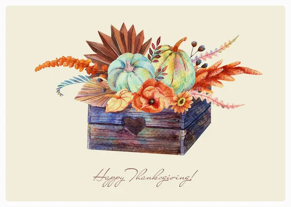 水彩画Rustic Fall Floral Blue Pumpkins Bouquet Wooden Pallet 感恩节装饰 秋天的色彩艳丽 — 图库照片