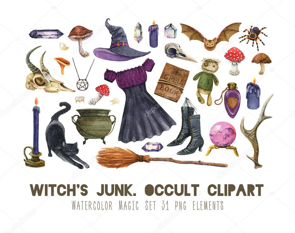 Watercolor witchcraft set. Black dress boots hat broom sspell book cauldron star amulet crystals. Halloween costume