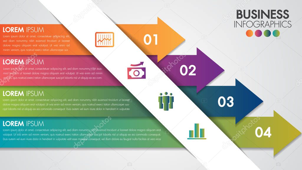 Infographics design minimal modern template with 4 options concept colorful vector and marketing icons can be used for workflow layout, diagram, annual report, web design.